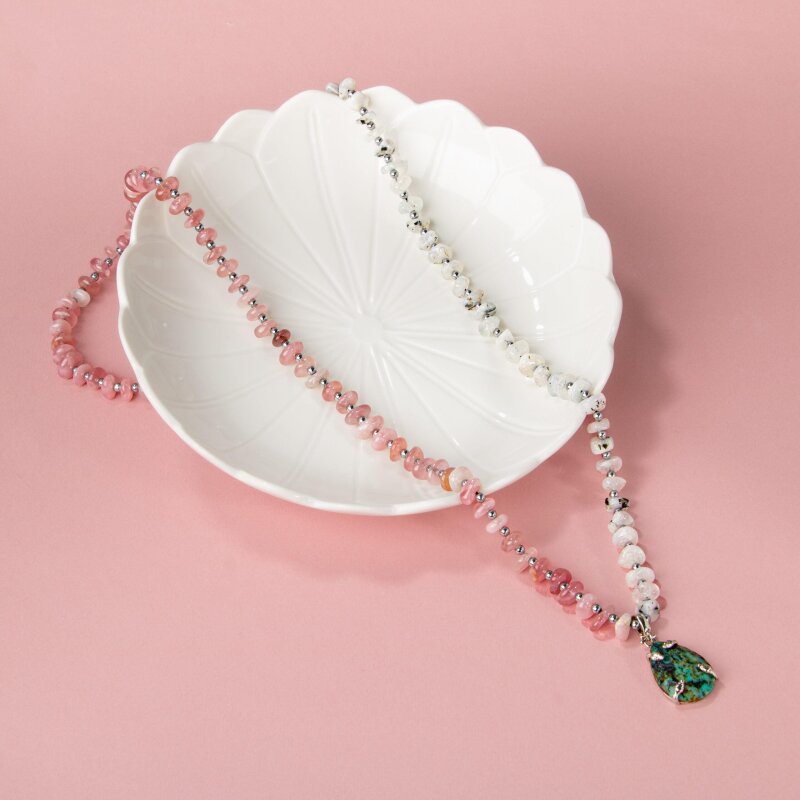 Afrika Turkuaz-Pembe Kuvars-Ay Taşı Doğal Taş Kolye - 2