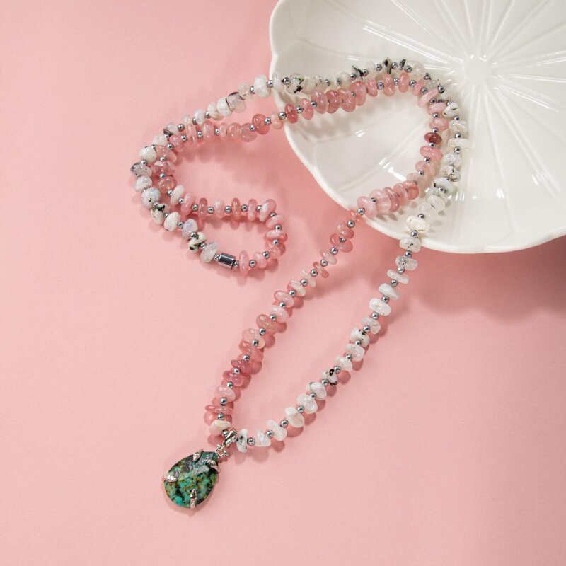 Afrika Turkuaz-Pembe Kuvars-Ay Taşı Doğal Taş Kolye - 3