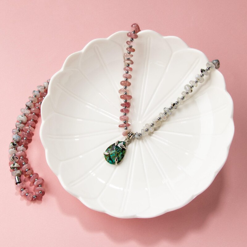 Afrika Turkuaz-Pembe Kuvars-Ay Taşı Doğal Taş Kolye - 4