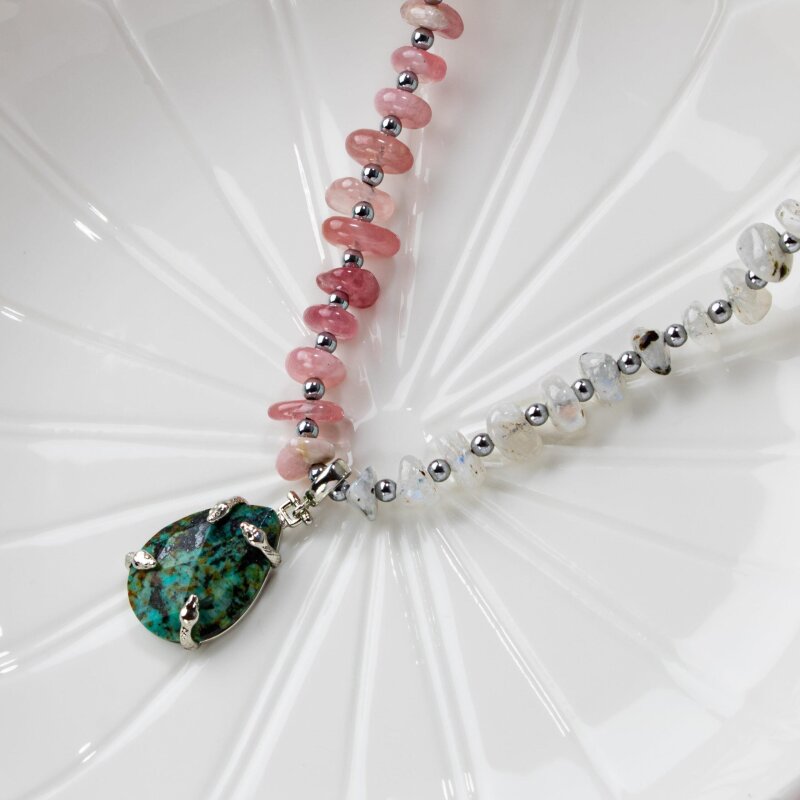 Afrika Turkuaz-Pembe Kuvars-Ay Taşı Doğal Taş Kolye - 5