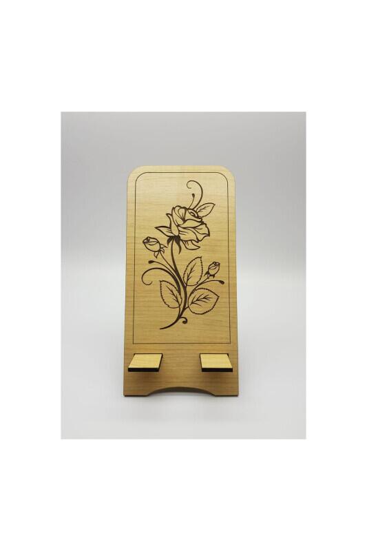 Ahşap Telefon Standı Gül Desenli - Bemenda