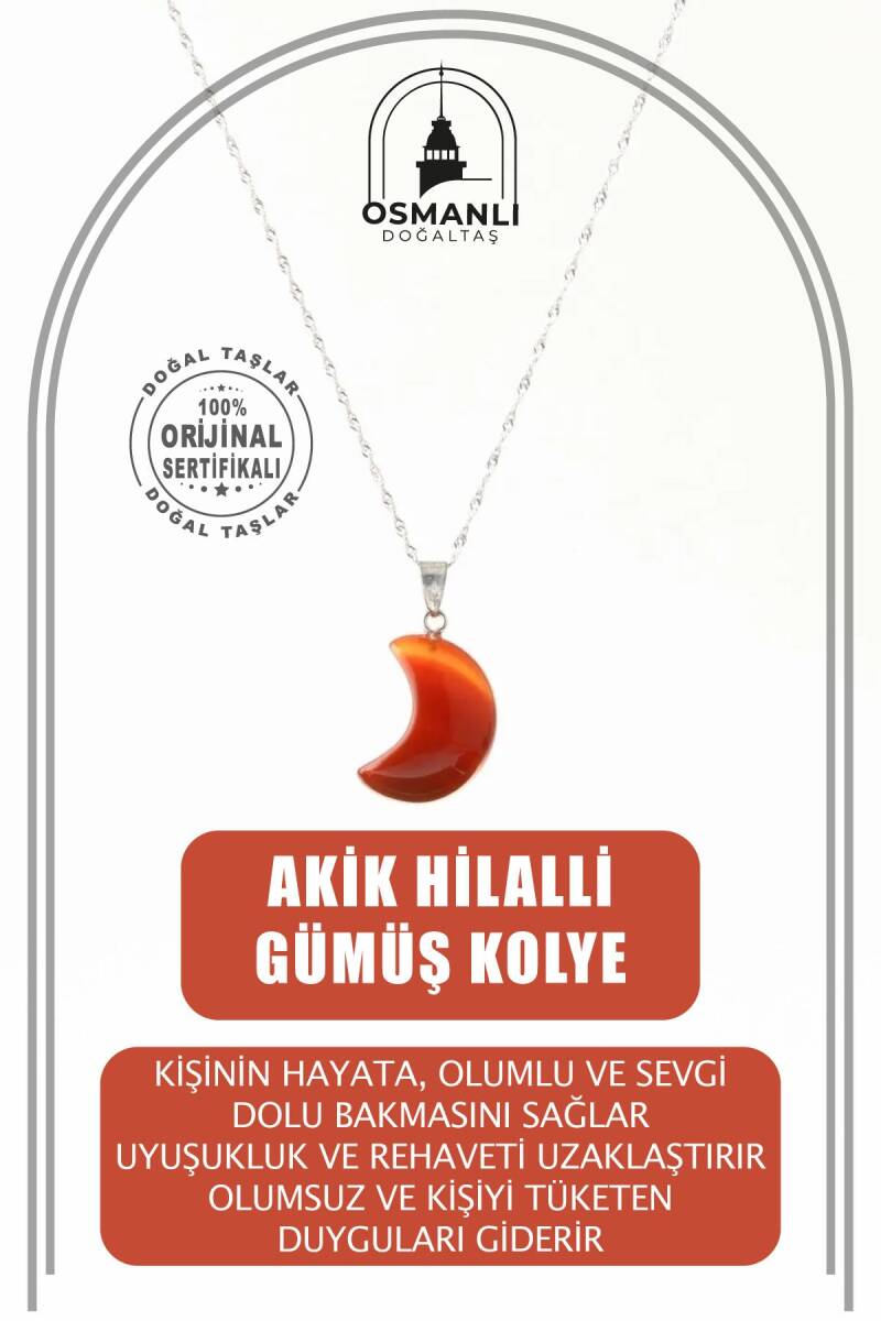 Akik Doğal Taş Hilalli Kolye, Gümüş Zincir - 1