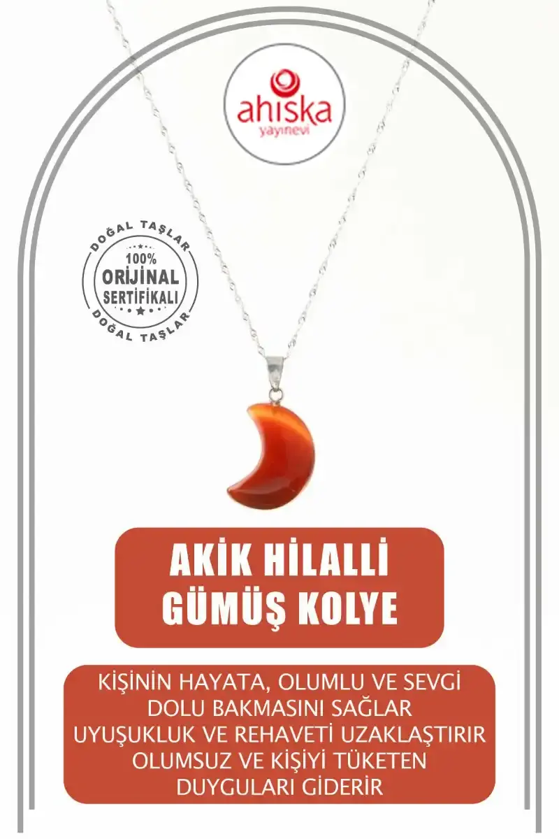 Akik Doğal Taş Hilalli Kolye, Gümüş Zincir