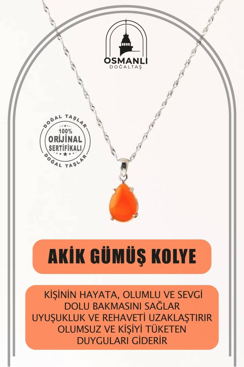 Akik Doğal Taş Kolye, Gümüş Zincir - 2
