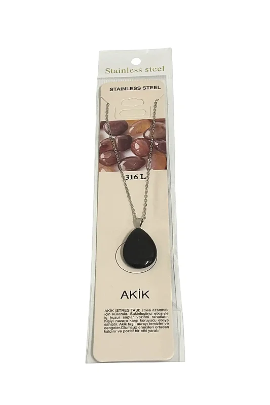 Akik Siyah Göz Damla Figür Taşlı Çelik Zincir Doğal Taş Kolye - Doğal Taş