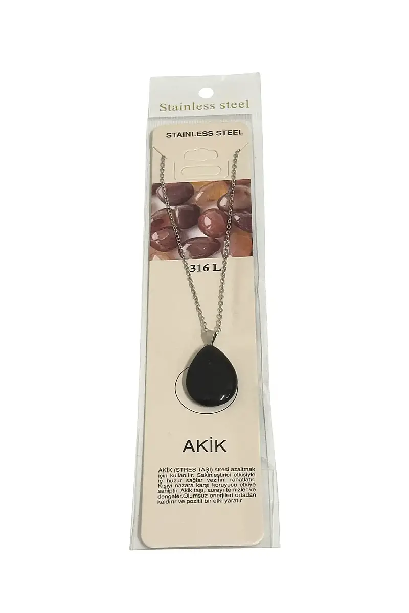 Akik Siyah Göz Damla Figür Taşlı Çelik Zincir Doğal Taş Kolye - 1