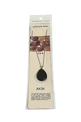 Akik Siyah Göz Damla Figür Taşlı Çelik Zincir Doğal Taş Kolye - 2