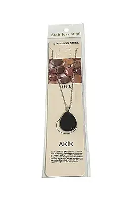 Akik Siyah Göz Damla Figür Taşlı Çelik Zincir Doğal Taş Kolye - 3