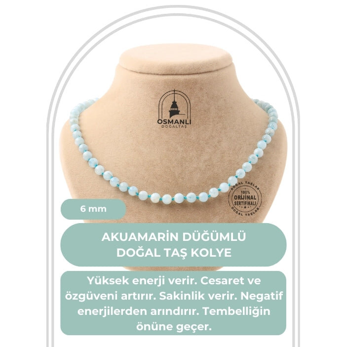 Akuamarin 6 mm Düğümlü Doğal Taş Kolye - 2