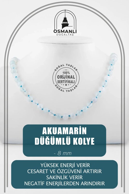 Akuamarin 8 mm Düğümlü Doğal Taş Kolye - Doğal Taş