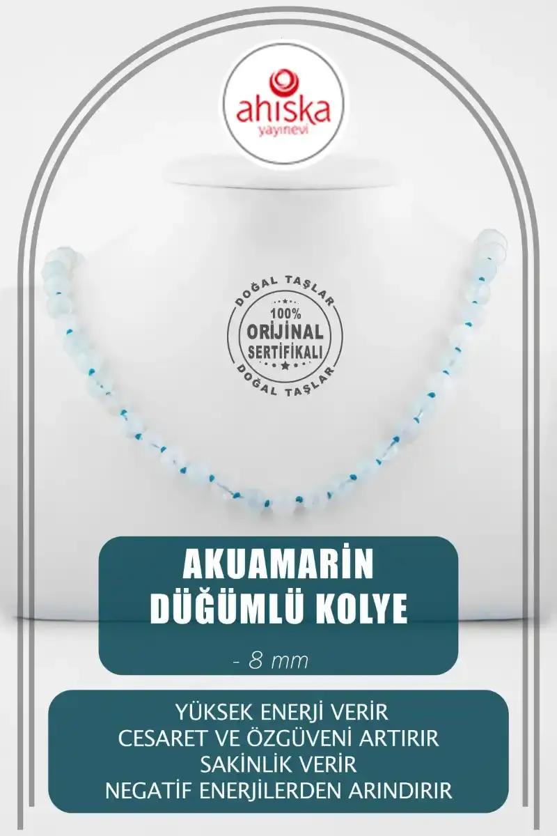 Akuamarin 8 mm Düğümlü Doğal Taş Kolye