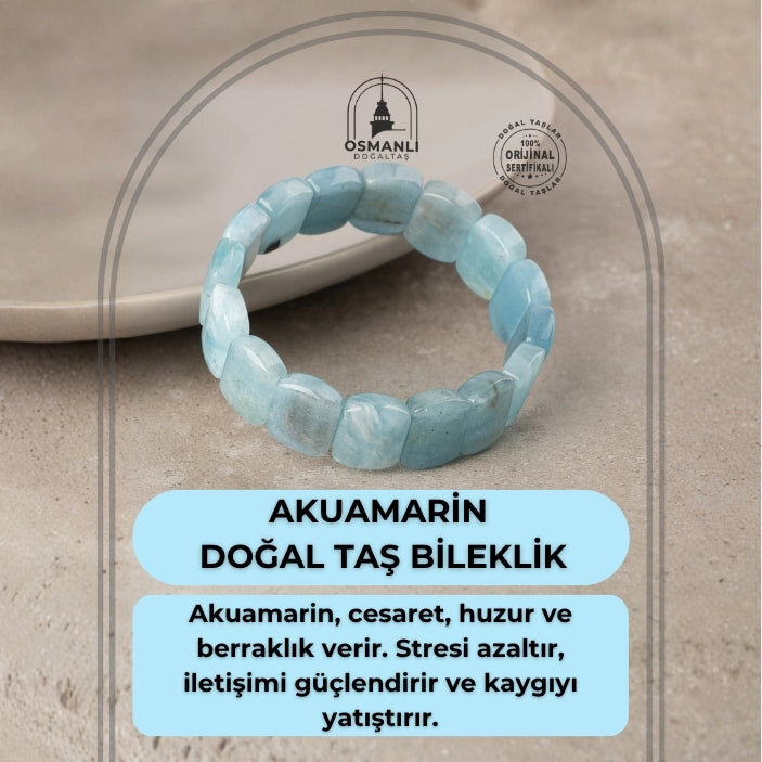 Akuamarin Doğal Taş Kare Kesim Geniş Kesim Bileklik - 2