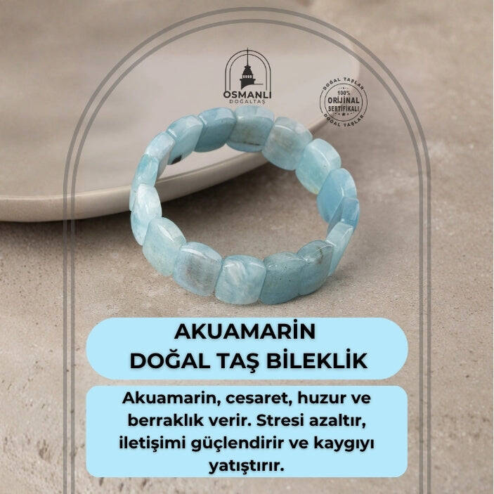 Akuamarin Doğal Taş Kare Kesim Geniş Kesim Bileklik - 2