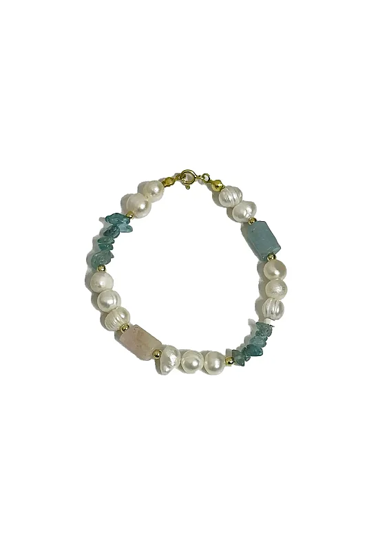 Akuamarin İnci Apatit Ay Taşı Gümüş Kapama Bileklik Doğal Taş Bileklik - Doğal Taş