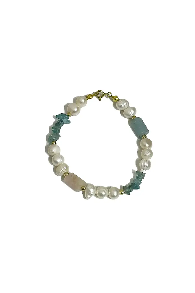 Akuamarin İnci Apatit Ay Taşı Gümüş Kapama Bileklik Doğal Taş Bileklik - 1