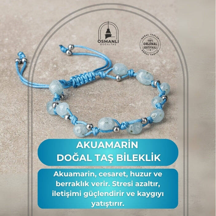 Akuamarin Natürel Kesim Doğal Taş Makrome Bileklik - 2
