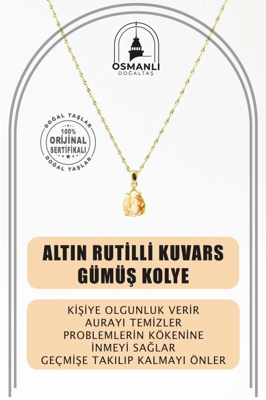 Altın Rutilli Kuvars Doğal Taş Kolye, Gümüş Sarı Zincir - 2