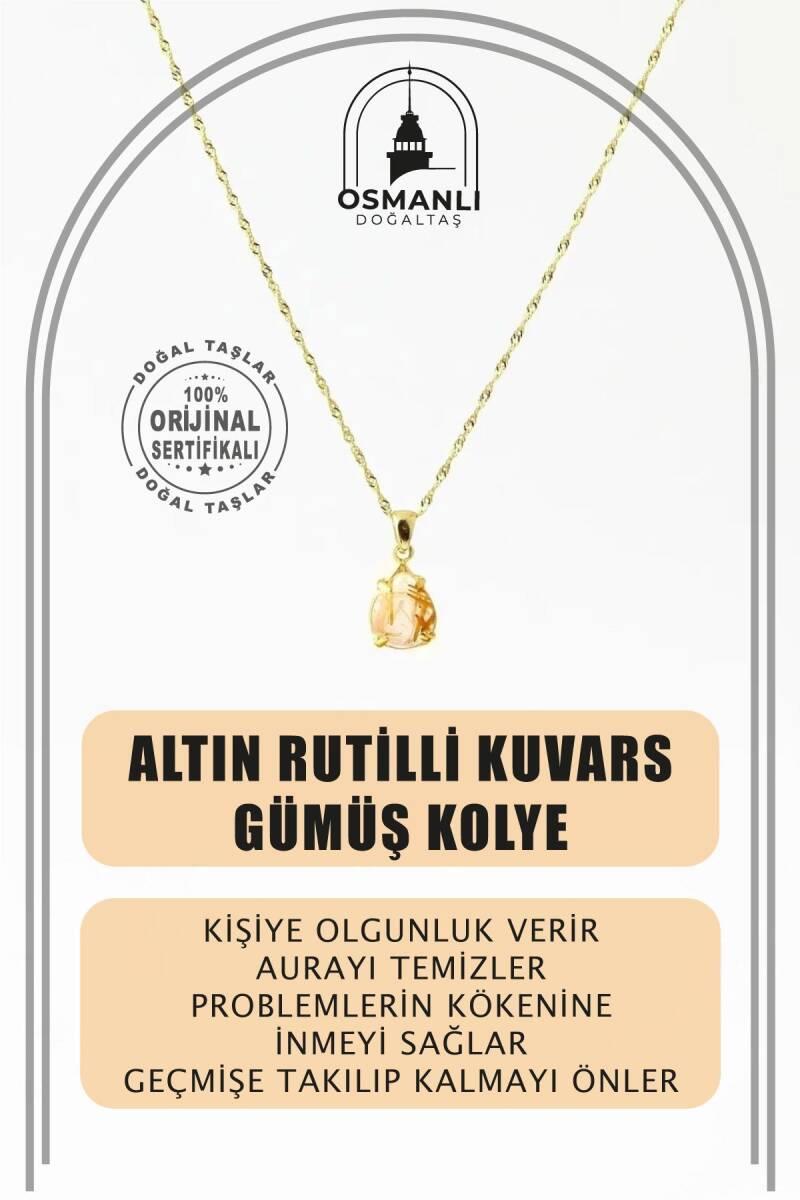 Altın Rutilli Kuvars Doğal Taş Kolye, Gümüş Sarı Zincir - 2