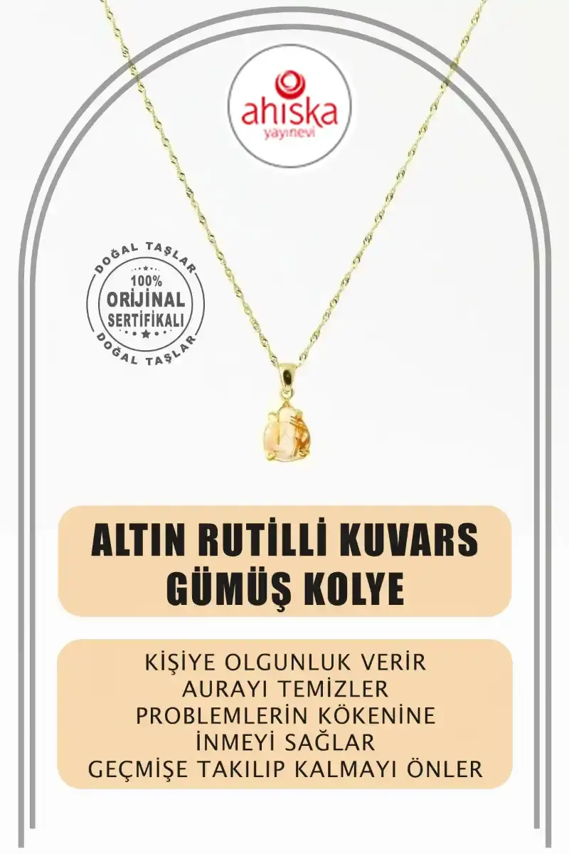 Altın Rutilli Kuvars Doğal Taş Kolye, Gümüş Sarı Zincir