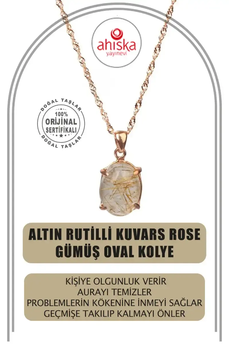 Altın Rutilli Kuvars Doğal Taş Rose Gümüş Oval Kolye