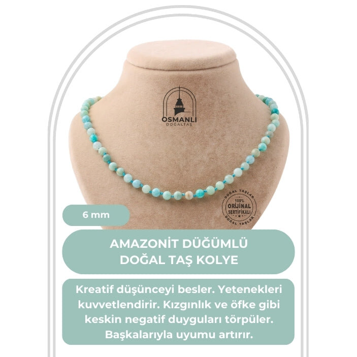 Amazonit 6 mm Düğümlü Doğal Taş Kolye - 2