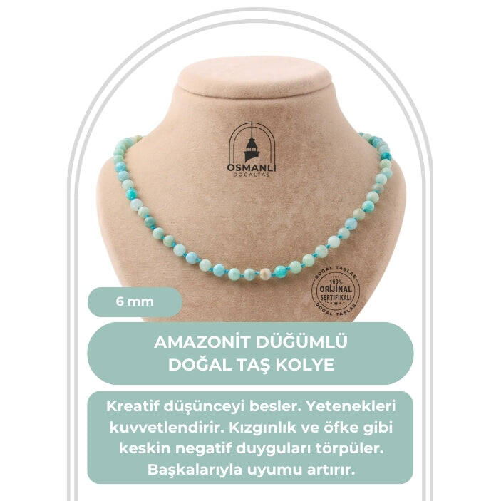 Amazonit 6 mm Düğümlü Doğal Taş Kolye - 2