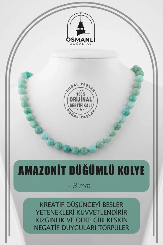 Amazonit 8 mm Düğümlü Doğal Taş Kolye - Doğal Taş
