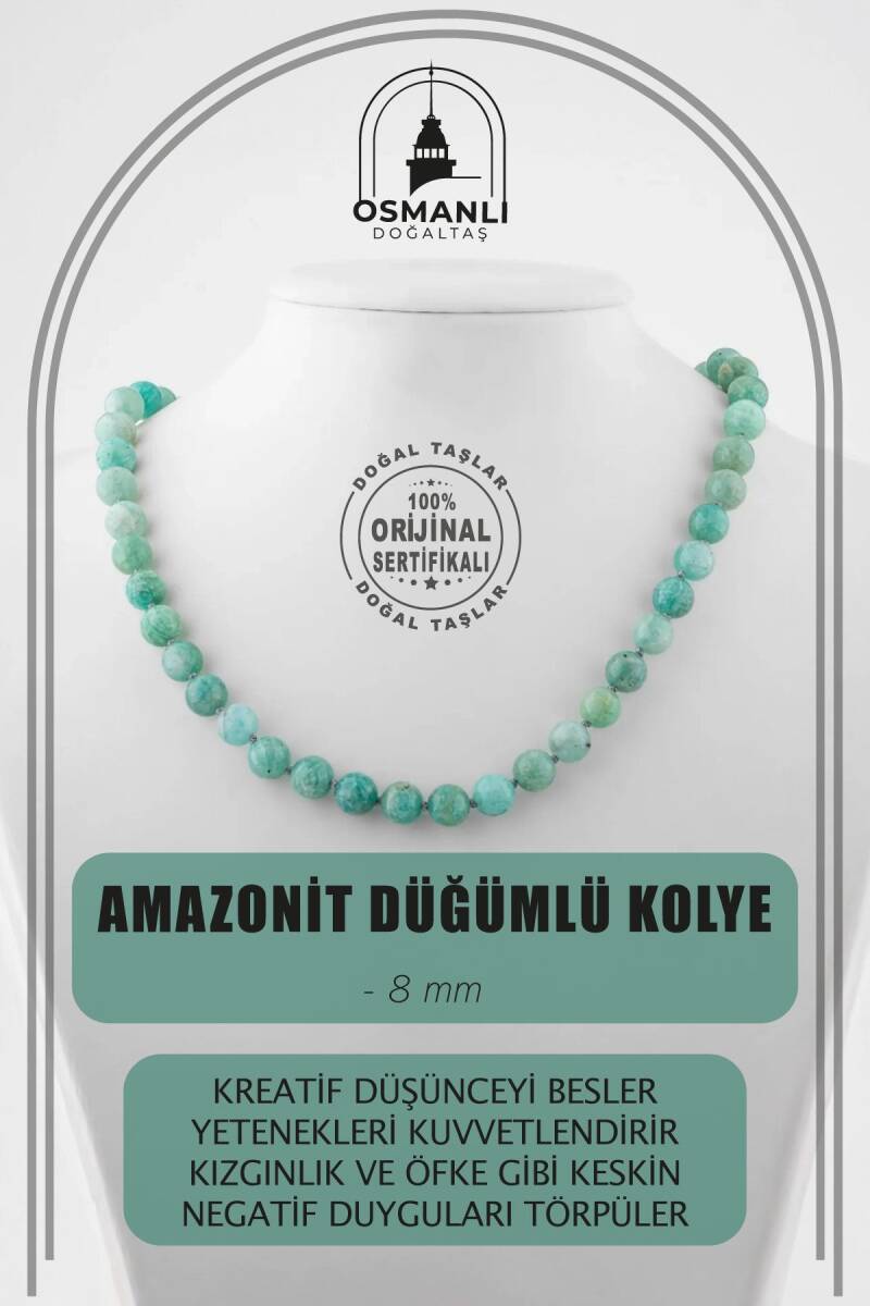 Amazonit 8 mm Düğümlü Doğal Taş Kolye - 1