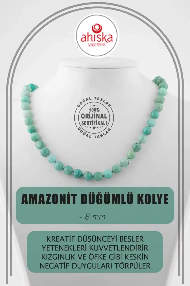 Amazonit 8 mm Düğümlü Doğal Taş Kolye