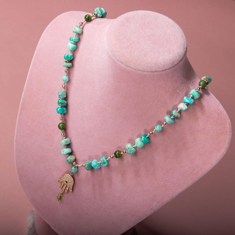 Amazonit-Yeşim Doğal Taş Hamsa Fatıma Eli Altın Kaplama Kolye - Doğal Taş