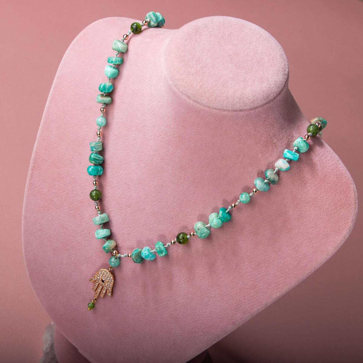 Amazonit-Yeşim Doğal Taş Hamsa Fatıma Eli Altın Kaplama Kolye - 1