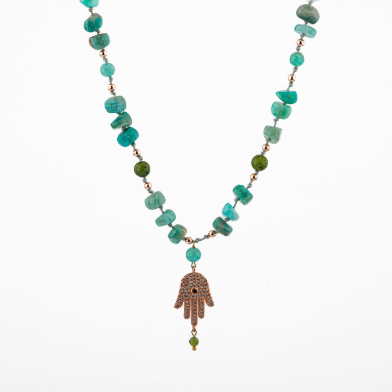 Amazonit-Yeşim Doğal Taş Hamsa Fatıma Eli Altın Kaplama Kolye - 2