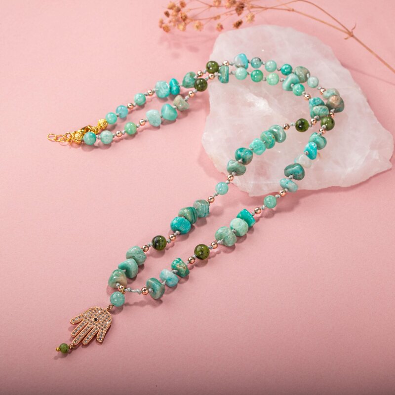 Amazonit-Yeşim Doğal Taş Hamsa Fatıma Eli Altın Kaplama Kolye - 3