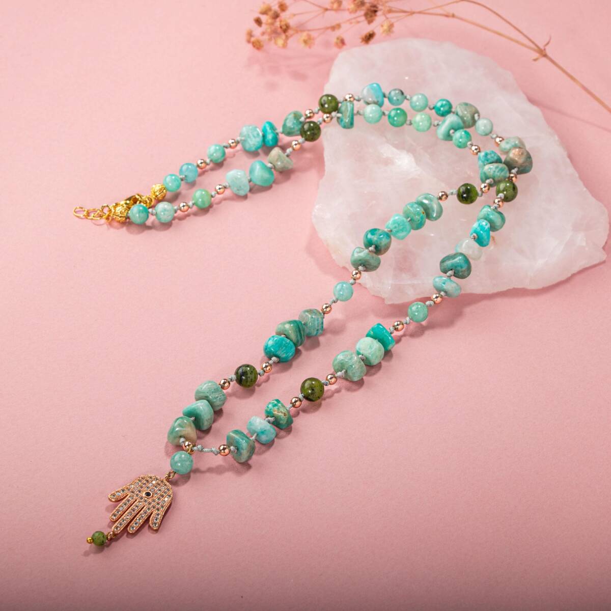 Amazonit-Yeşim Doğal Taş Hamsa Fatıma Eli Altın Kaplama Kolye - 3