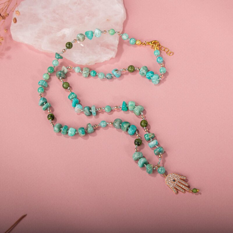 Amazonit-Yeşim Doğal Taş Hamsa Fatıma Eli Altın Kaplama Kolye - 4