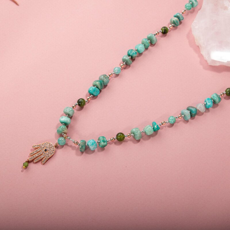 Amazonit-Yeşim Doğal Taş Hamsa Fatıma Eli Altın Kaplama Kolye - 5