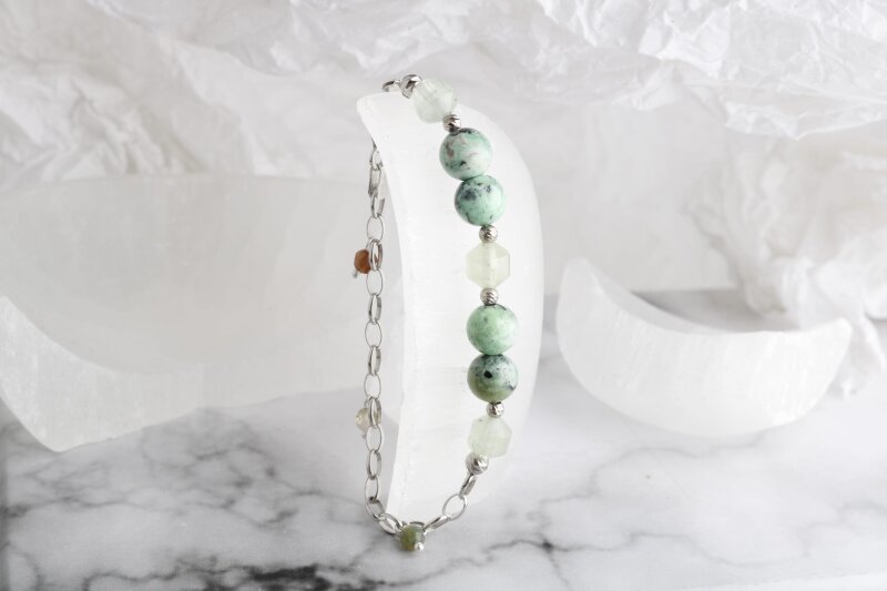 Amazonya, İspanyol Varisit-Prehneit-Akik Doğal Taş Gümüş Bileklik - 3