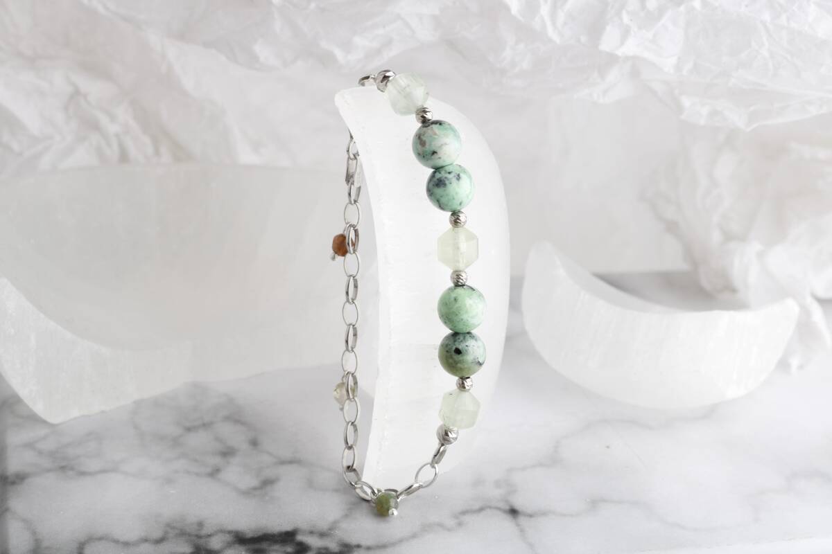 Amazonya, İspanyol Varisit-Prehneit-Akik Doğal Taş Gümüş Bileklik - 3