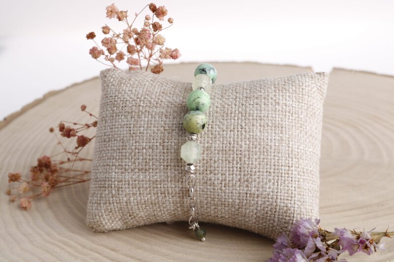 Amazonya, İspanyol Varisit-Prehneit-Akik Doğal Taş Gümüş Bileklik - 5