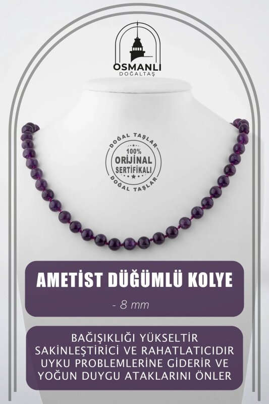 Ametist 8 mm Düğümlü Doğal Taş Kolye - Doğal Taş