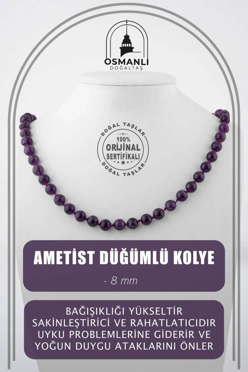 Ametist 8 mm Düğümlü Doğal Taş Kolye - 1