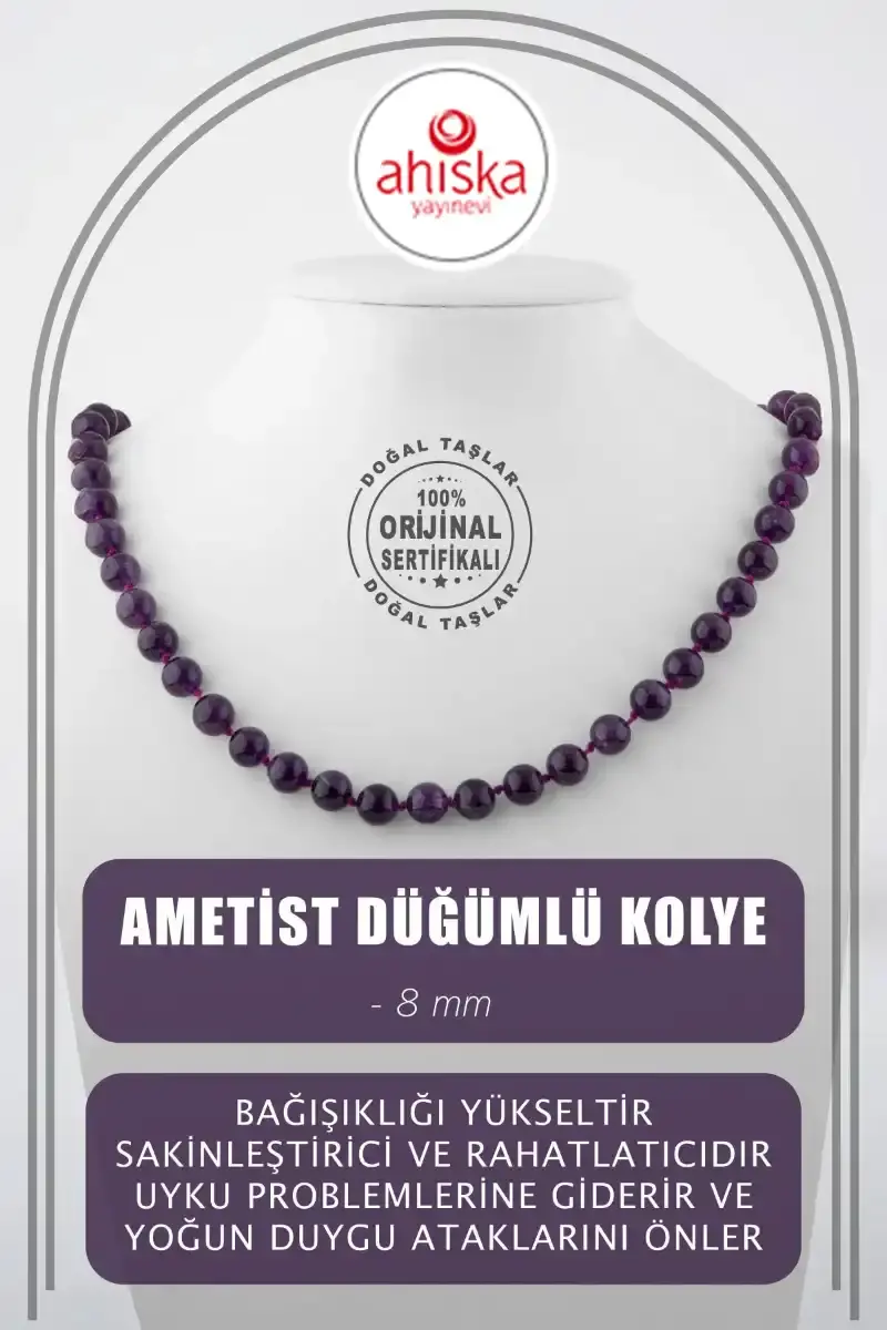 Ametist 8 mm Düğümlü Doğal Taş Kolye
