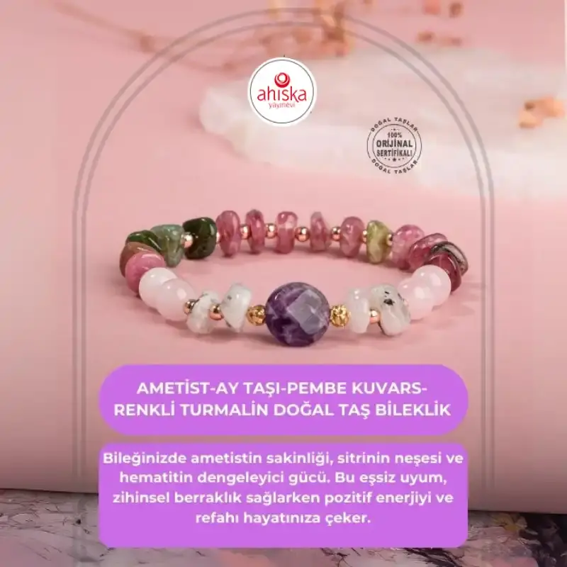 Ametist-Ay Taşı-Pembe Kuvars-Renkli Turmalin Doğal Taş Bileklik