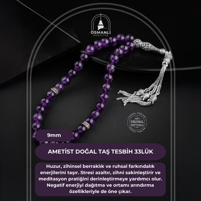 Ametist Doğal Taş 9mm Gümüş Tesbih - 2