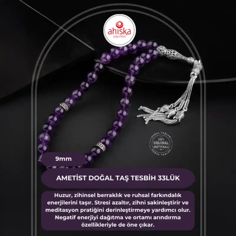 Ametist Doğal Taş 9mm Gümüş Tesbih - 2