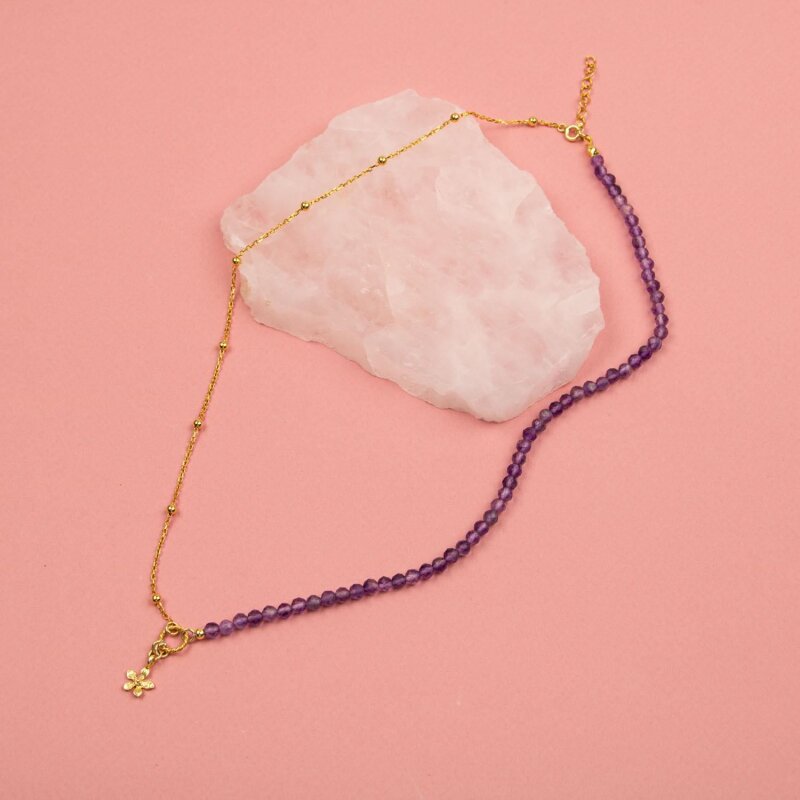 Ametist Doğal Taş Gümüş Çiçekli Kolye - Doğal Taş