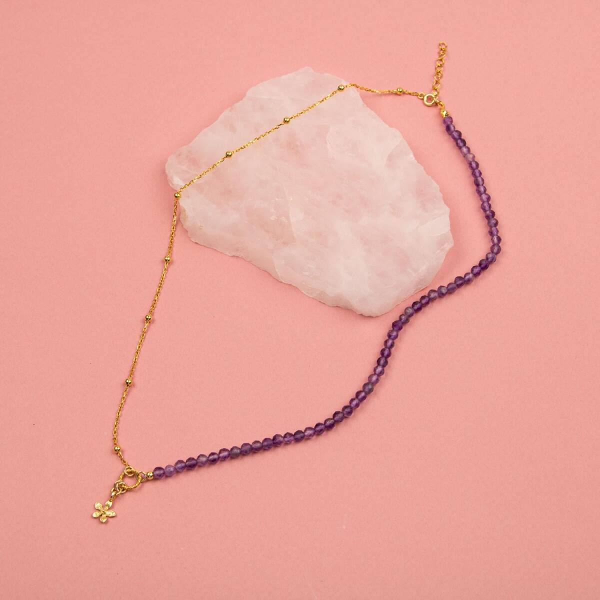 Ametist Doğal Taş Gümüş Çiçekli Kolye - 1