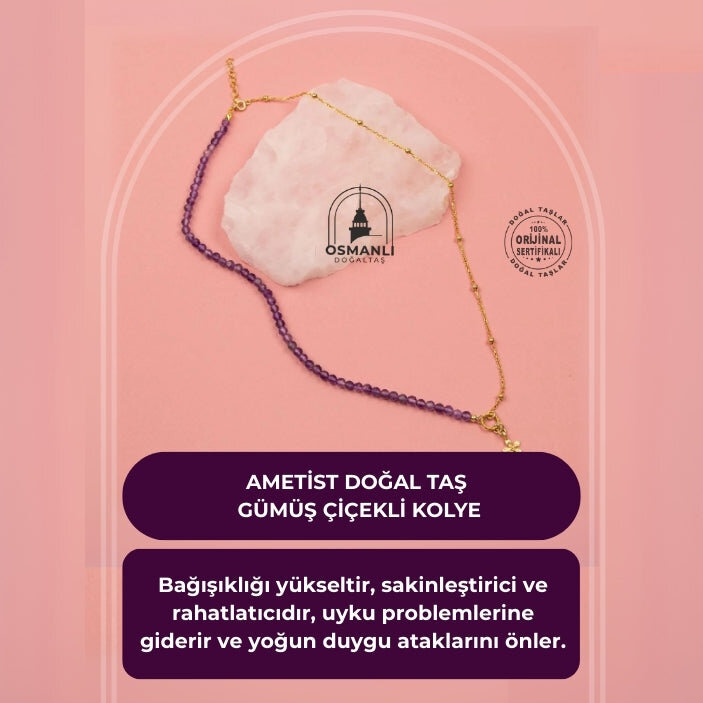 Ametist Doğal Taş Gümüş Çiçekli Kolye - 2