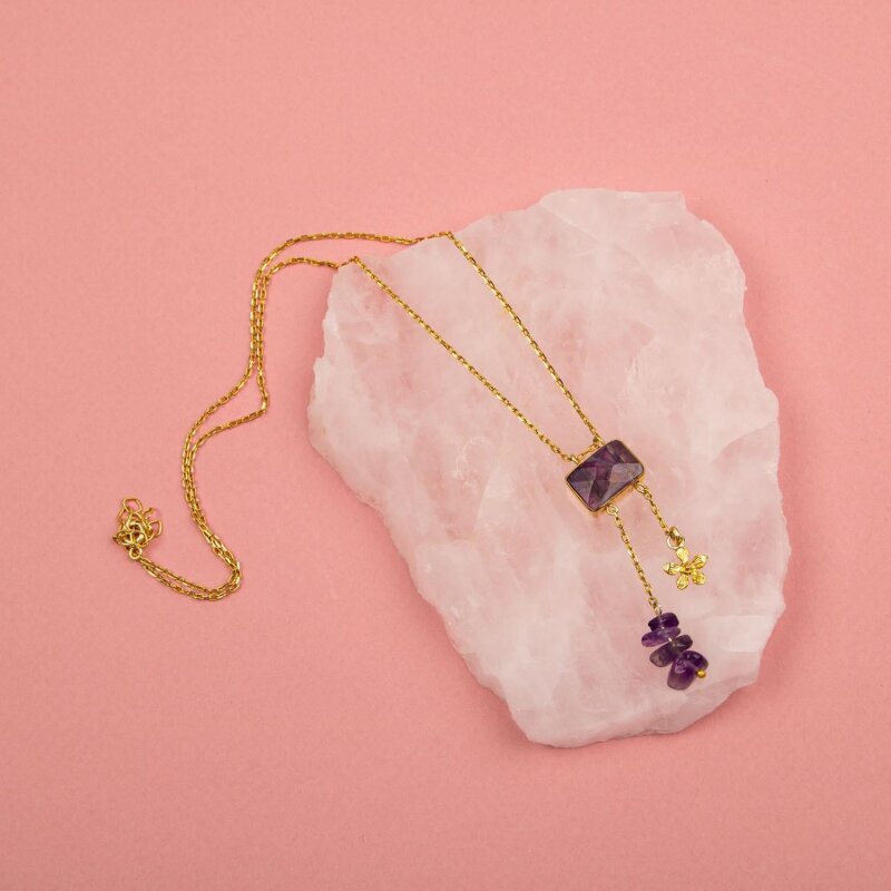 Ametist Doğal Taş Gümüş Çiçekli Kolye - 3