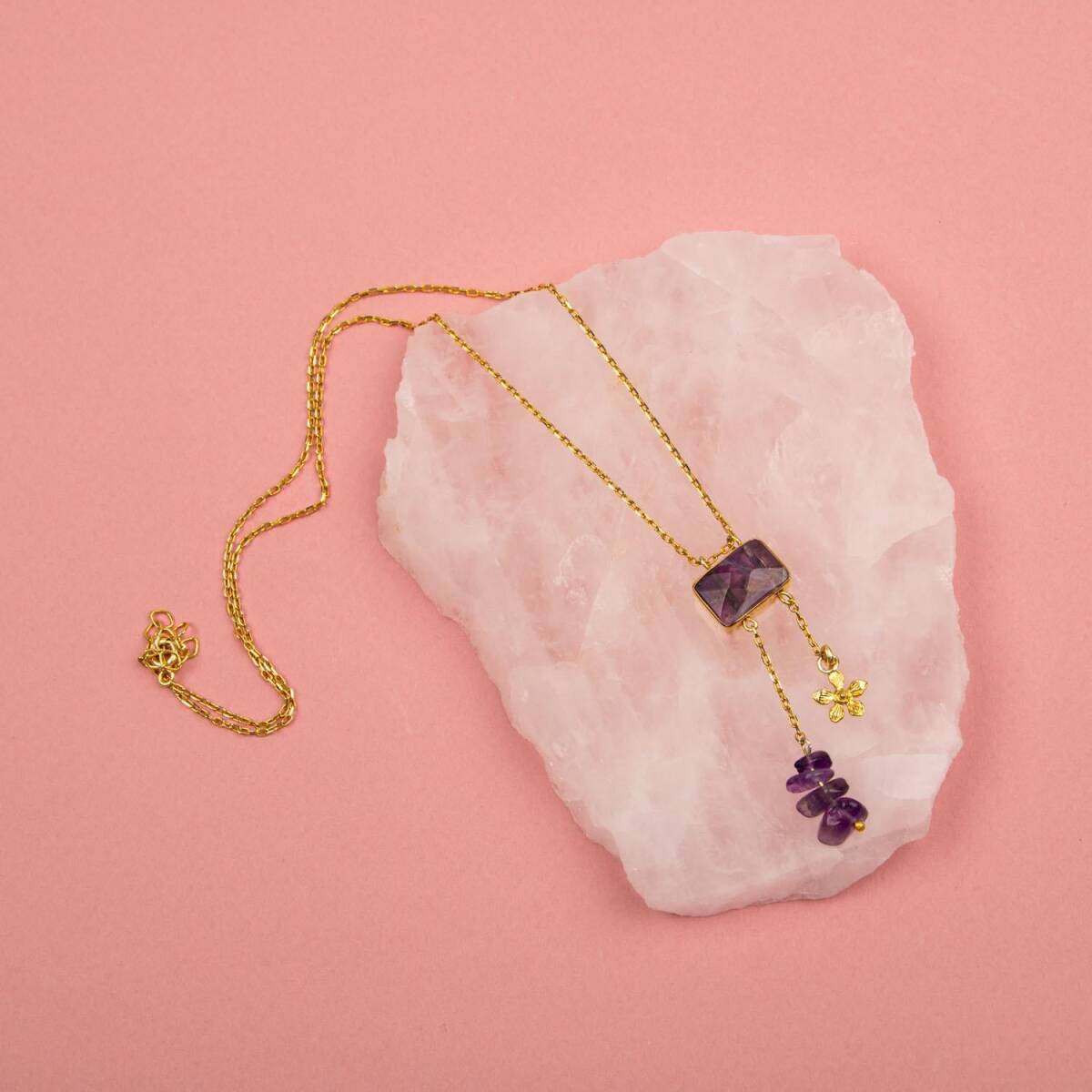 Ametist Doğal Taş Gümüş Çiçekli Kolye - 3